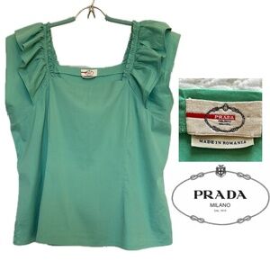 PRADA SPORT Square Neck Ruffle Short Sleeve Cotton Blend Top Green Size 44/US10